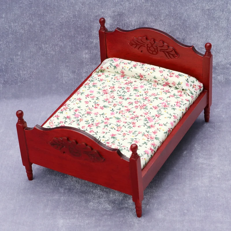 1:12 Doll House Dollhouse Mini Furniture Bedroom Micro Scene Wooden Crafts Redwood Double Bed