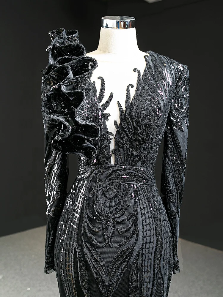 Elegant Long Sleeve Sequin Lace Black Women Evening Dresses
