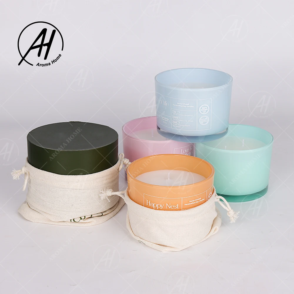 AROMA HOME Customized 5 Colors Bright Glass Jar Aromatherapy Soy Wax 3 Wicks Scented Candle With Rigid Box Cloth Bag