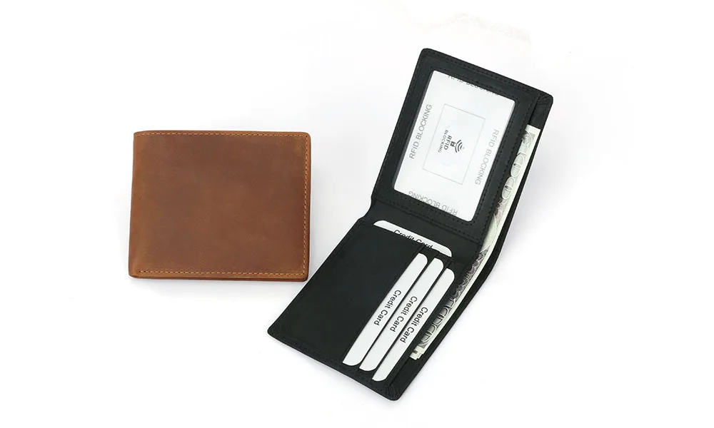 High Quality Luxury Cowhide Real Crazy Horse Leather Designer Small Vintage Bifold Slim Leather Wallet For Men