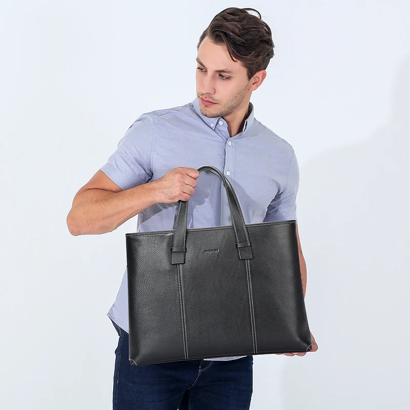 BOPAI custom logo business office luxury storage document handbag men 14 laptop bag genuine leather briefcase