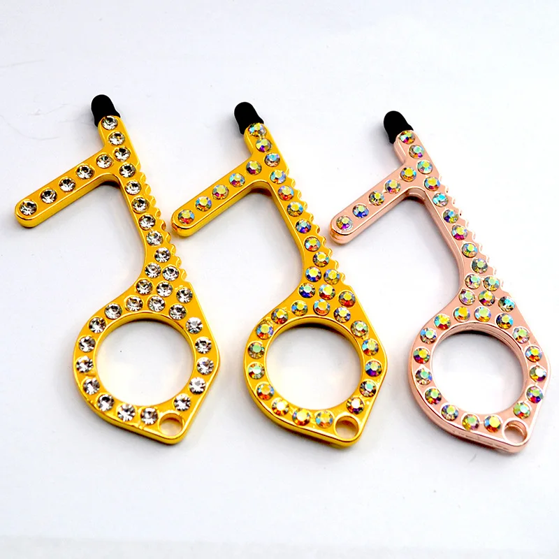 
Rhinestone metal No touch door opener EDC tool key keychain Zinc Alloy hands free touchless keyring hygiene antimicrobial 