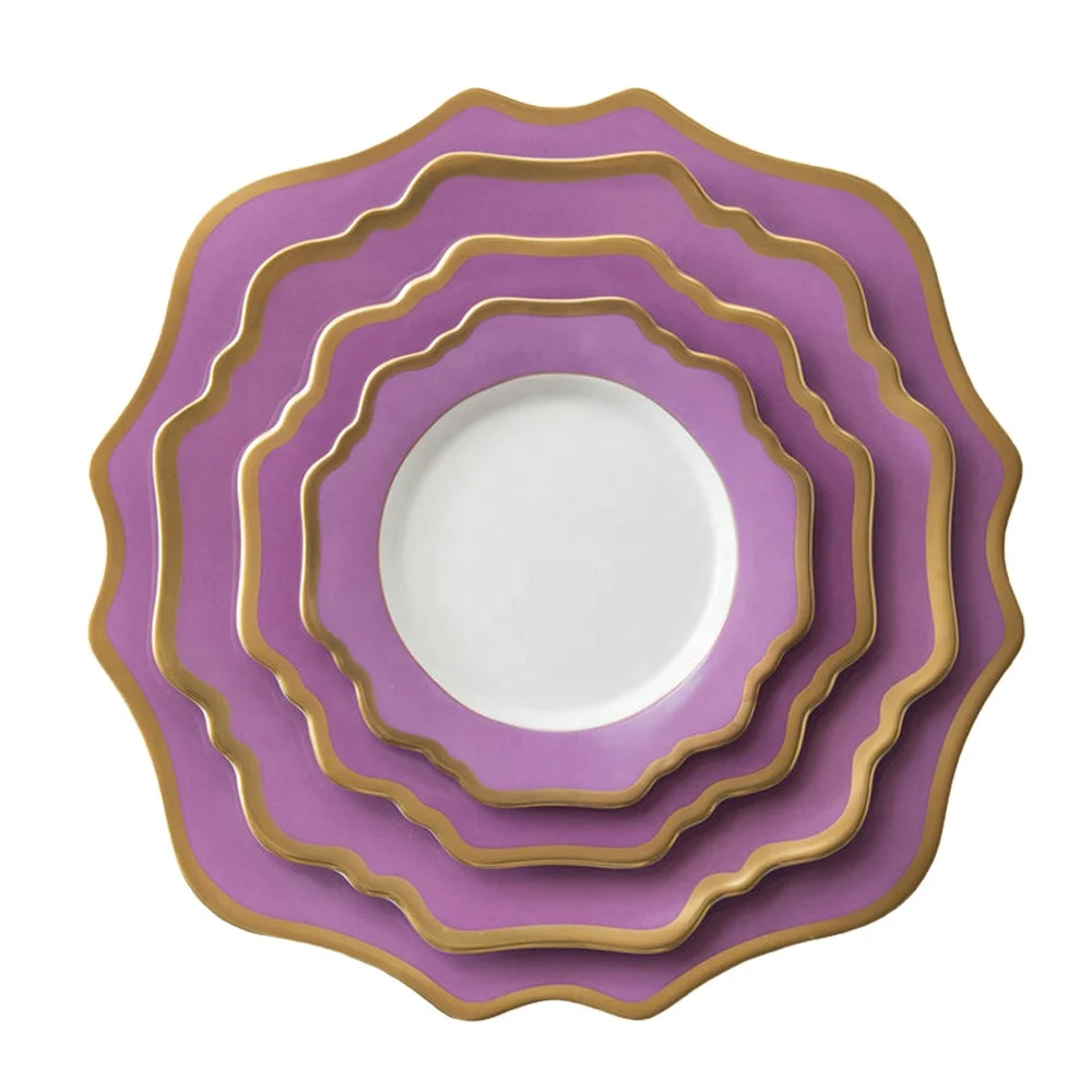 nordic luxury wedding party purple sunflowers  decoration wholesale ceramic charger plate with gold rim porcelain dinnerware
