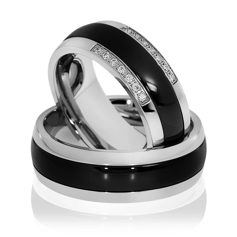 Latest Design Couple Wedding Bands Black Ceramic Rings 8mm Wide Stainless Steel Custom Metal Jewelry