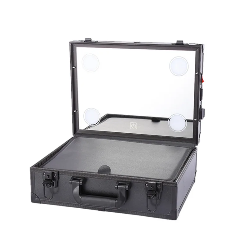Professional pink black 3 color LED travel makeup train case with mirror light