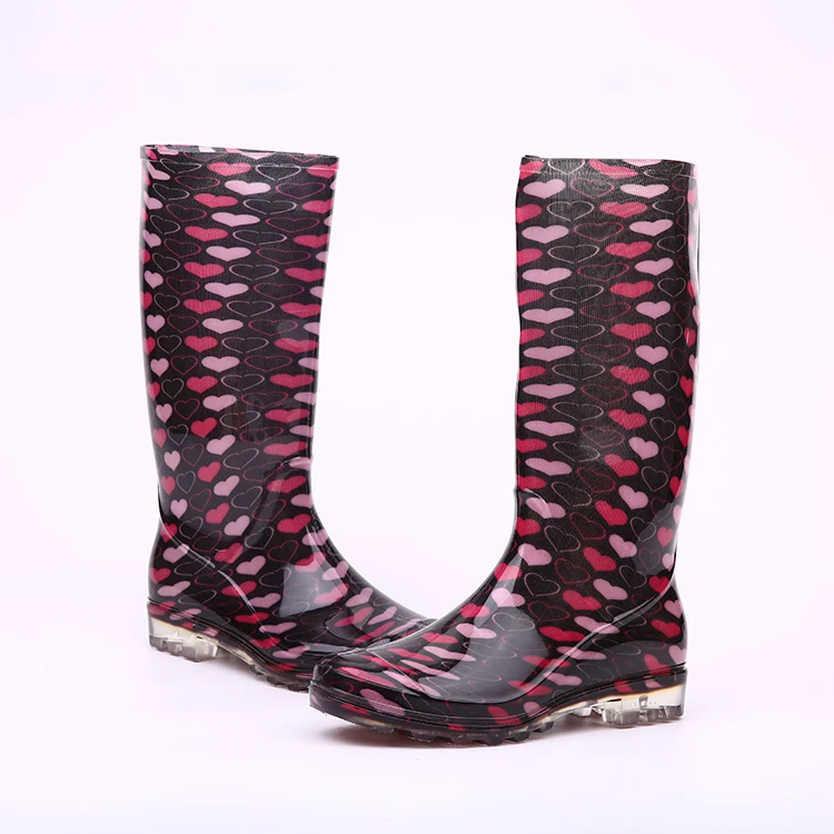 Knee high 100% Water proof slip resistant light weight non safety fashionable PVC shiny gum rain boots for women