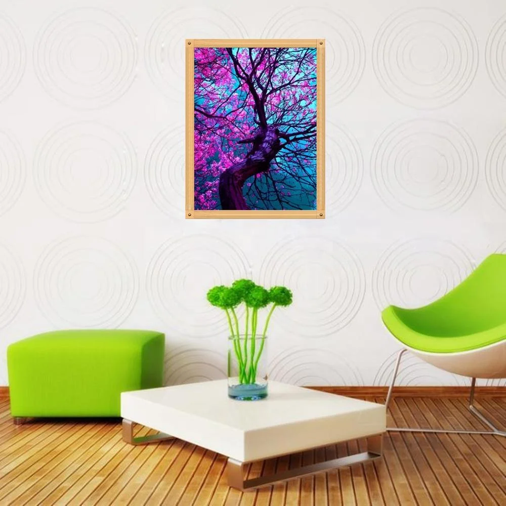Diy diamond painting purple flowering big tree full diamond diamond embroidery cross stitch decoration home