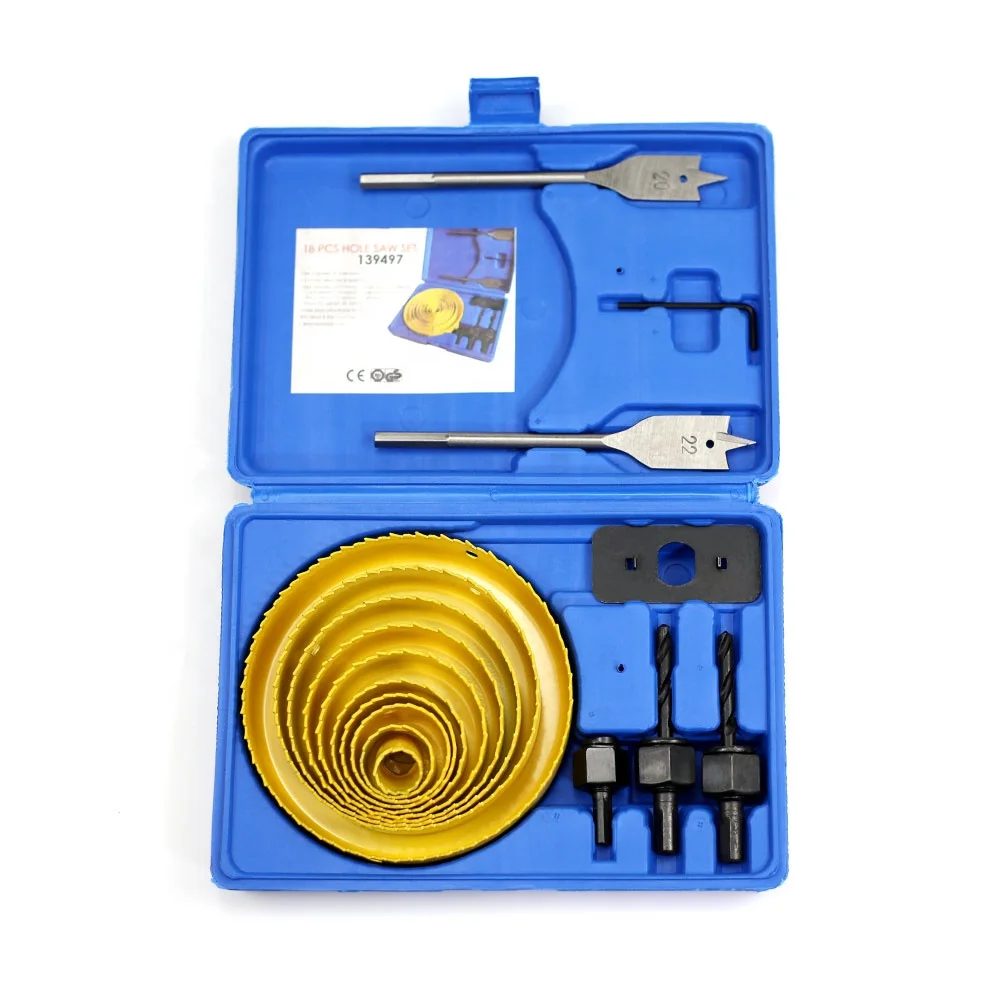 18pcs Allen Key Wood Flat Drill Bit Hole Saw Set With Blow case