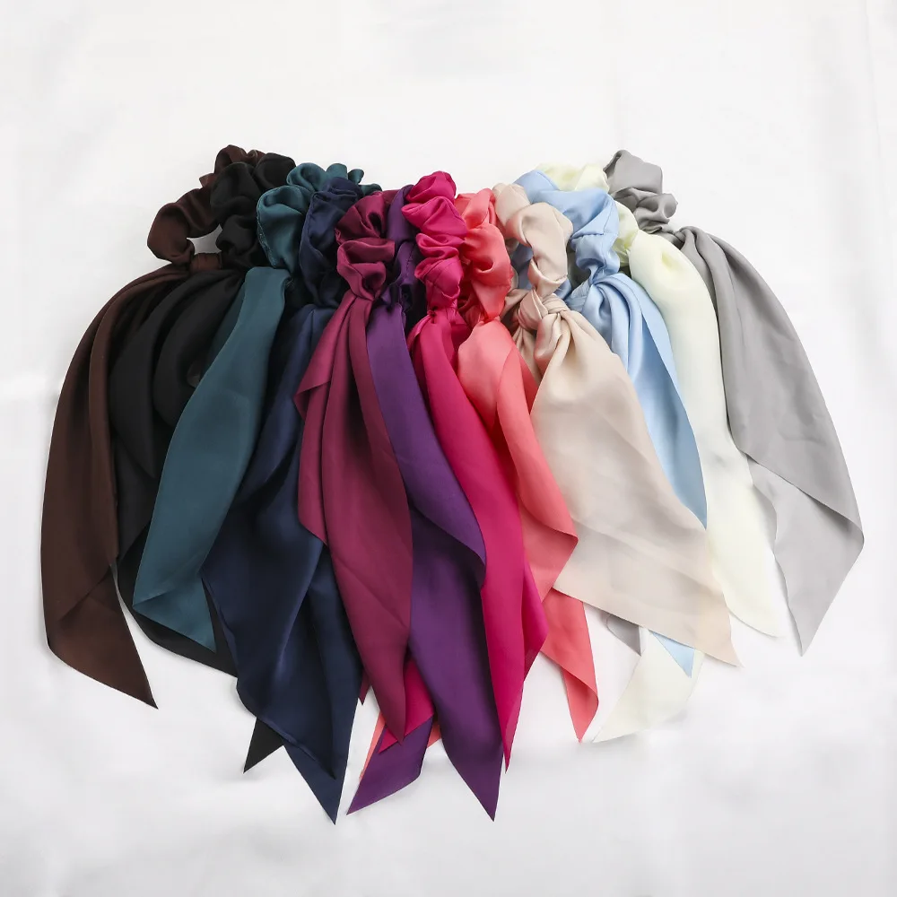 Wholesale New Style Hair Accessories Pure Color Long Ribbon Scarf Elastic Hair Bands For Women Cross Silk Satin Hair Scrunchies