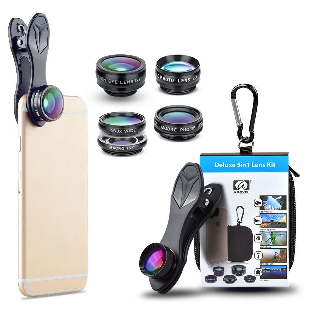 Apexel 5 in 1 lens kit for iPhone add on camera lens,clip wide angle macro fisheye zoom telescope CPL mobile phone lenses