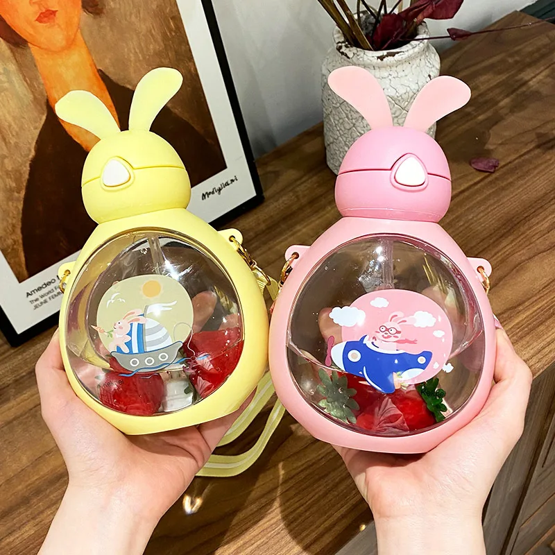 High Quality Tritan Material Cute Cartoon Portable Strap Kids Student School Boy Girl Rabbit Plastic Water Bottle Cup With Straw