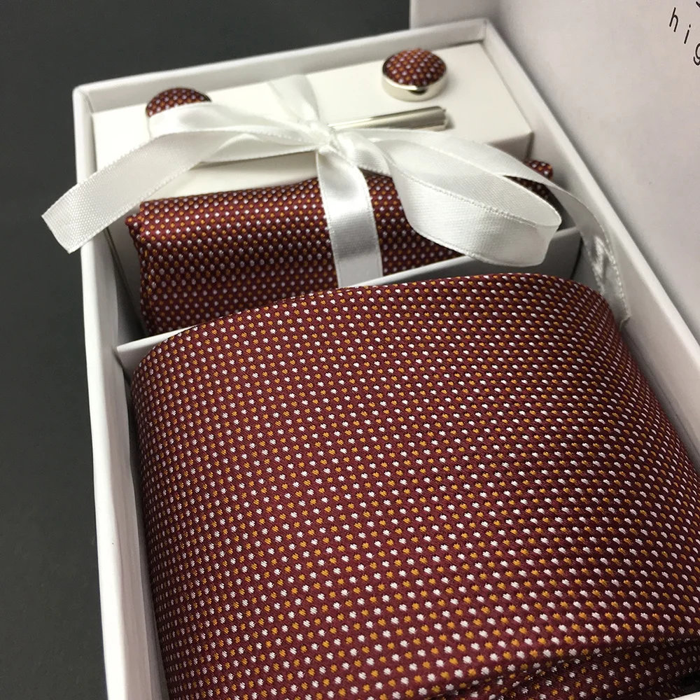 Custom Necktie Pocket Square Cufflinks Tie Bar Assorted Gift Set Maroon Red 100% Silk Jacquard Woven Dot Ties Men Set in Box