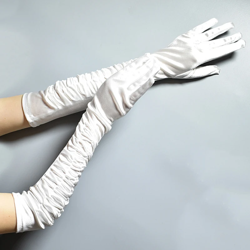 Women Party Gloves Long Sleeve Wrinkled Black White Satin Fabric Lady Fashion Beauty Glove for Party