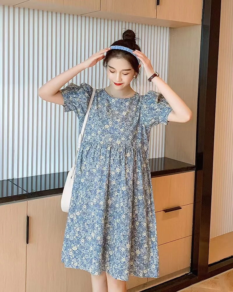 Maternity clothes 2024 Summer new Korean style small floral dress loose age-reducing short sleeve summer dress