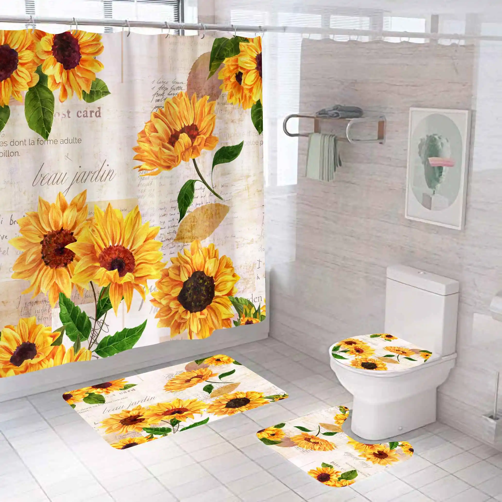 
4 Pcs Waterproof Sunflower Print Polyester Fabric Shower Curtain sets with 12 Hooks For Bathroom 