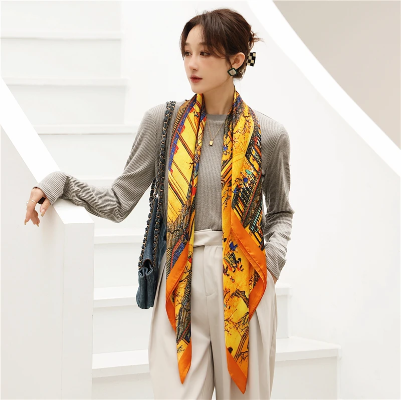 Customize Design Shawl Print Large Square Silk Scarf Women New Foulard Female Headbands Hijab Lady Beach Scarves Bufanda Bandana