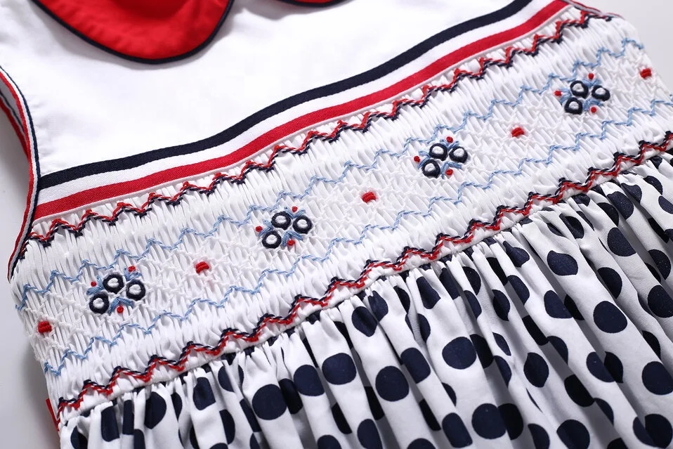 Pettigirl New Summer Smocked Dress for Girls Knee-length Polka Dot Sleeveless Dress with Embroidery 1BAG=1PCS