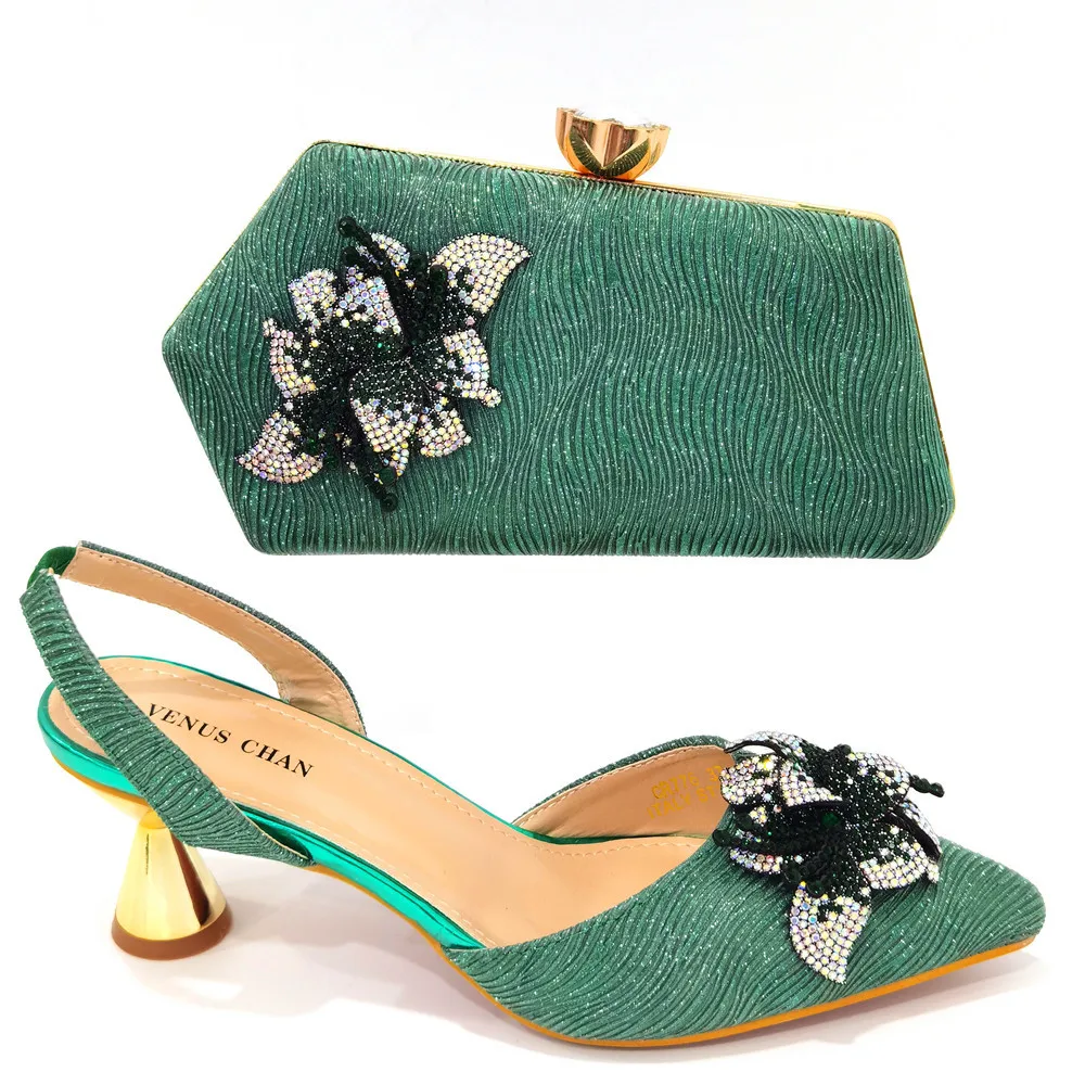 2023 New Arrive Shoe And Bag Set For African Women Square Heel Low Heel Women Italian Shoes Blue Shiny Sandals Bow Tie Slippers