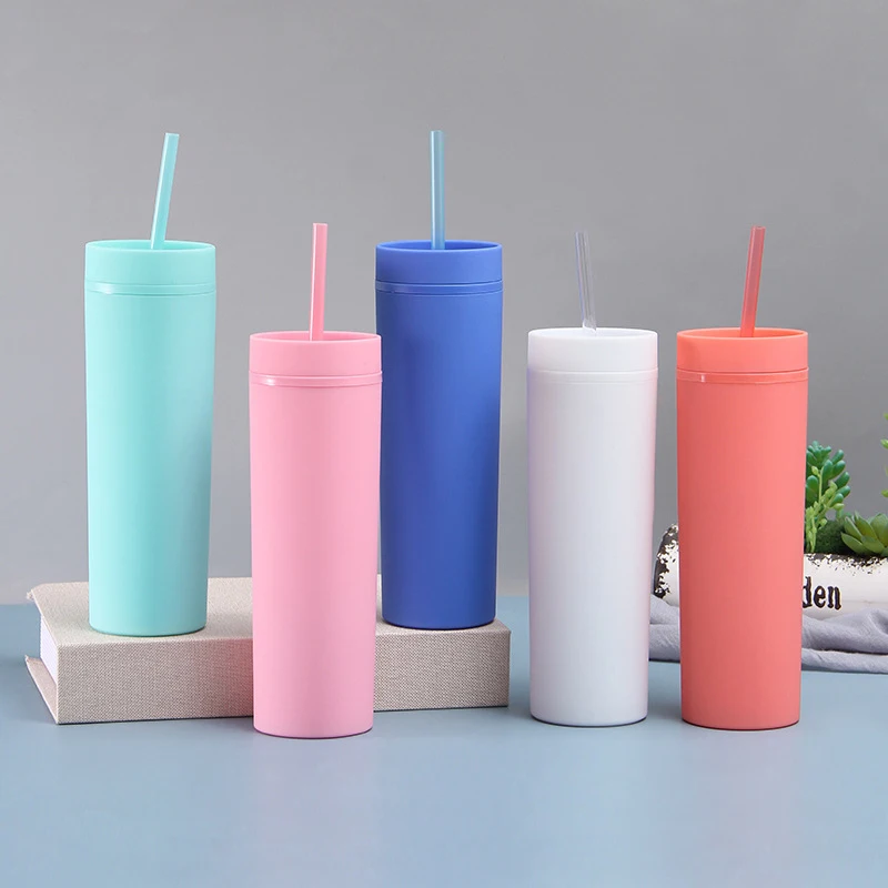 16oz Matte Macarons Colored Acrylic Skinny Tumbler Double Walled Reusable Plastic Cup Brief Office Home Cups