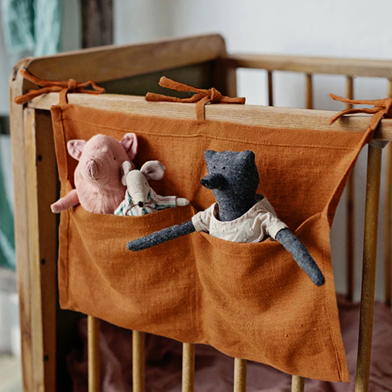 Crib Side Hanging Storage Bag 100 % pure Linen 2 Pocket Organizer and For Crib Multi-Functional Diaper Bag