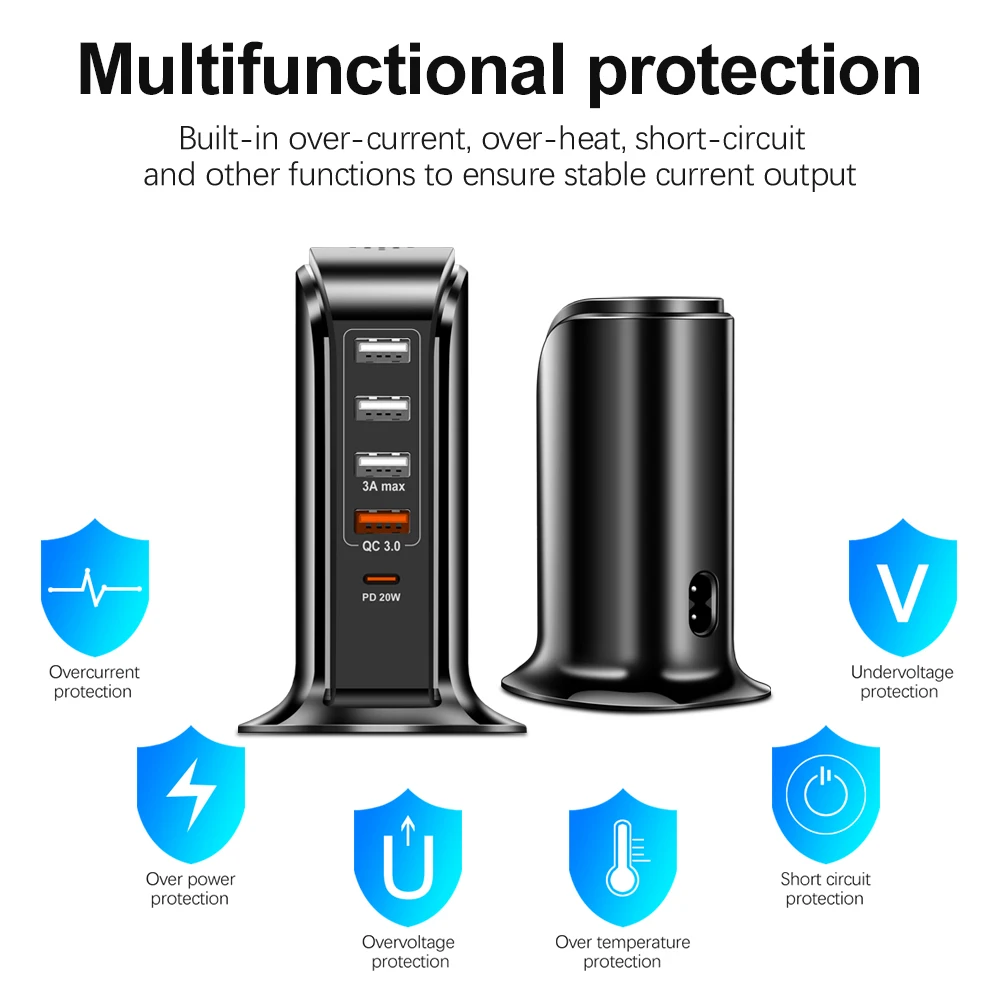 20W USB Wall Charger Universal 5 Port Multi USB AC Adapter 5V 3A Travel Charger for iPhone 20W USB C PD Charger Phone Charge HUB