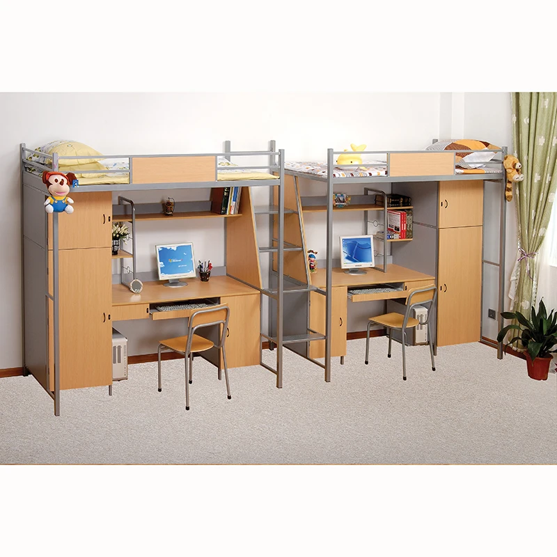 Metal School Dormitory Loft Bunk Bed With Study Desk and Wardrobe