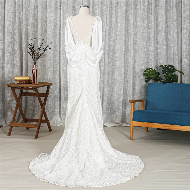 
High quality vintage lace backless mermaid bride wedding diress with sweep train 