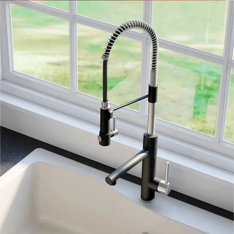 Contemporary 3 way Pull Down Apron Front Kitchen Sinks Faucet Goose Neck Spring Taps Kitchen Sink Taps