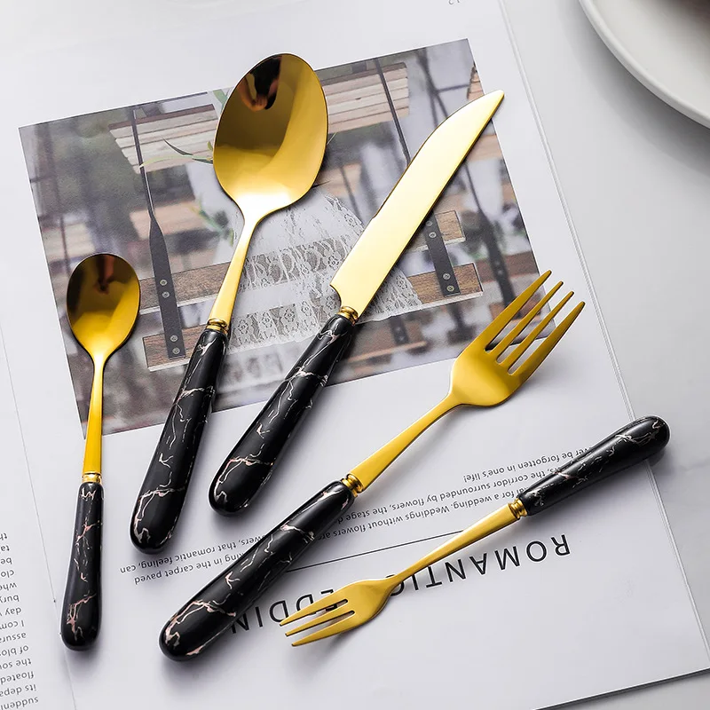High Quality Tableware Western Steak Dark Green Gold Cutlery Five-piece Set with Ceramic Handle