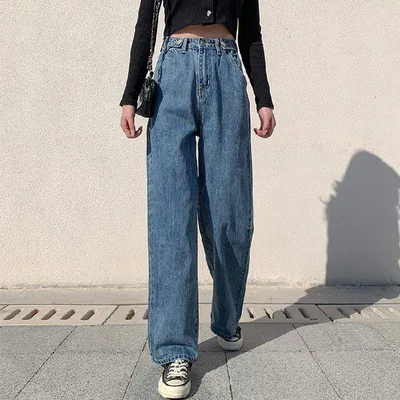 
Woman Jeans High Waisted jeans denim Clothes Wide Leg Denim Clothing Blue Vintage Quality Straight Pants 