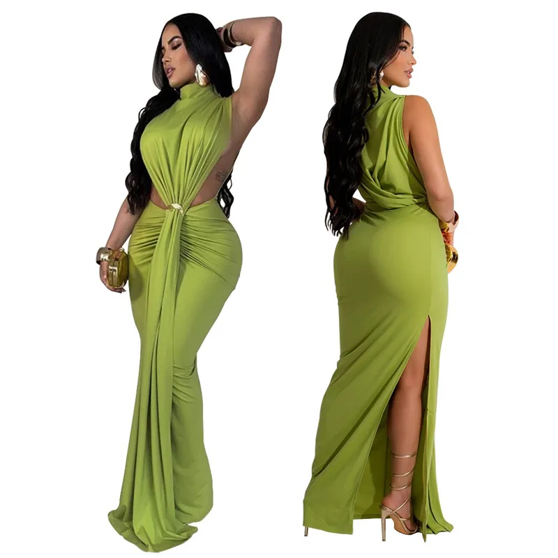 2024 New Dress Solid Color Sexy Side Slit Sleeveless Fashion Evening Casual Dress