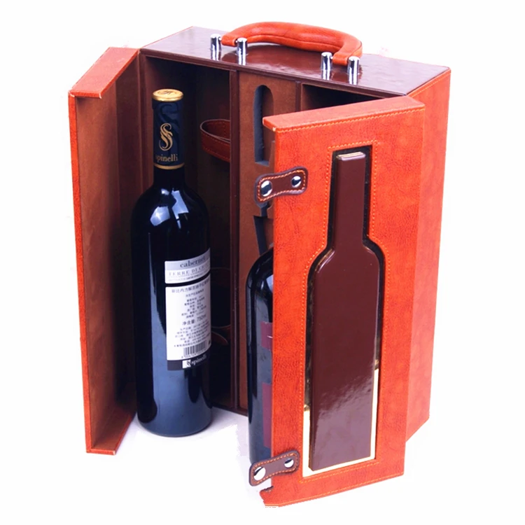 
 Элегантная роскошная витрина из искусственной кожи с логотипом на заказ для 2 бутылок вина, сумка для хранения, двухдверная коробка для винных бутылок  