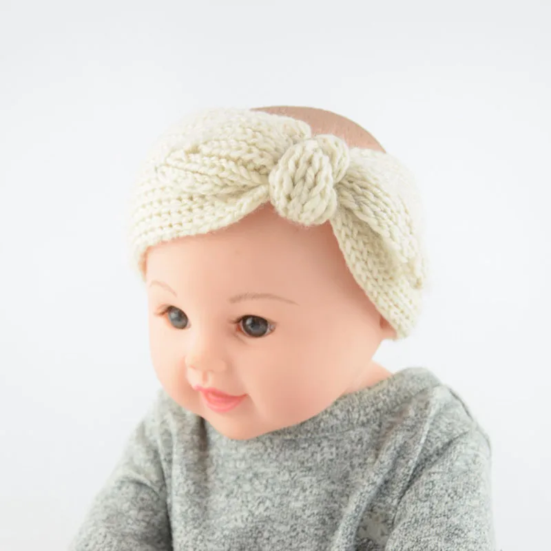 HZO-24130 Hot selling kids knitted hair bands solid color bunny ear hair wraps little girls bow knot crochet headbands for baby