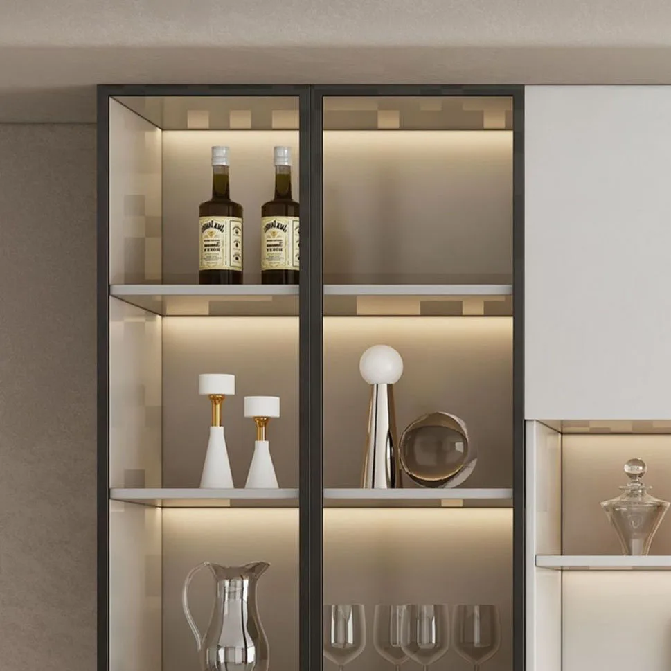 Entry Luxury Custom Modern Wooden Glass Door Wine Display Cabinet Metal Frame for Dinning Room