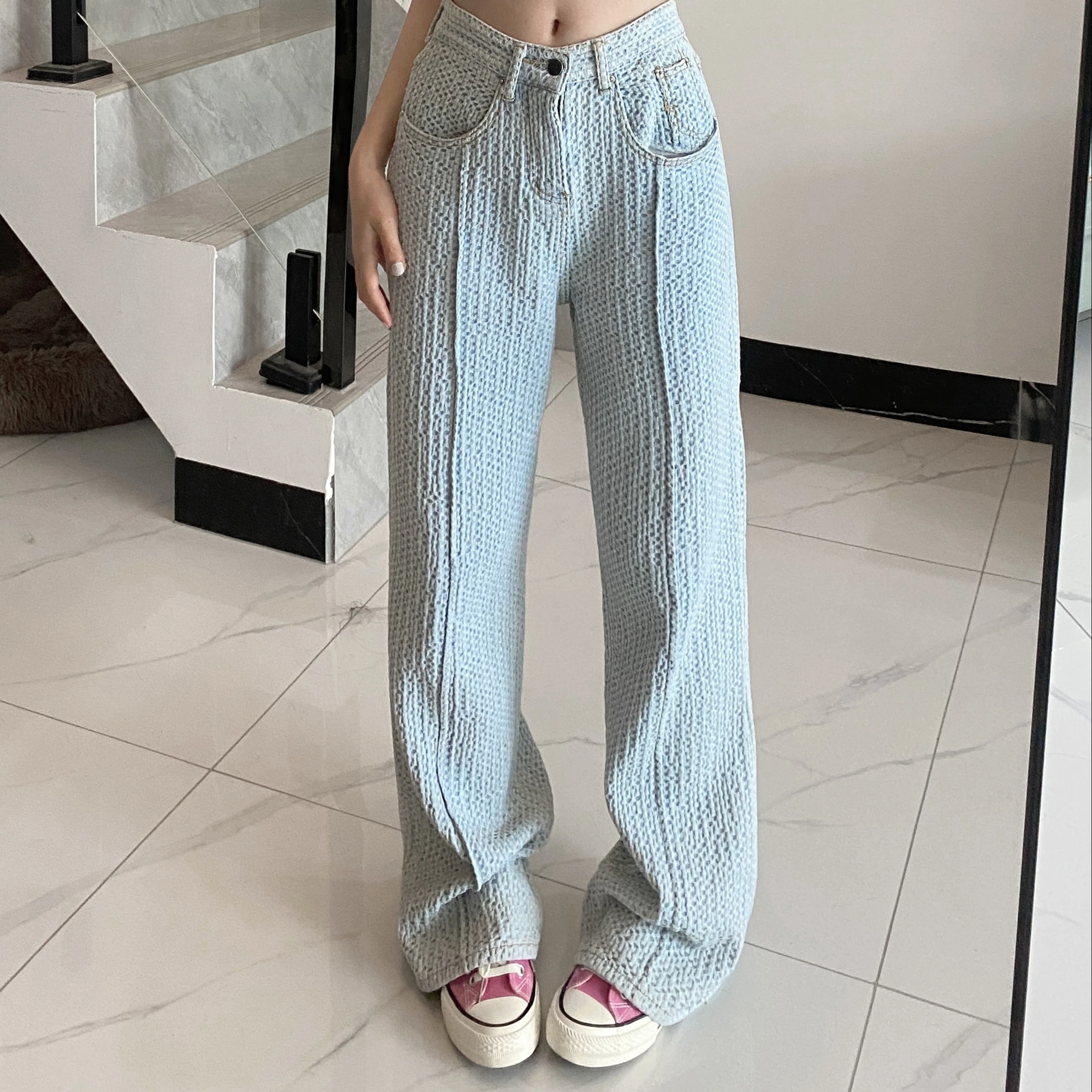Wholesale of 2023 Spring Blue Straight Tube Loose Texture Jeans with High Waist Thin and Versatile Fashionable Wide Leg Jeans