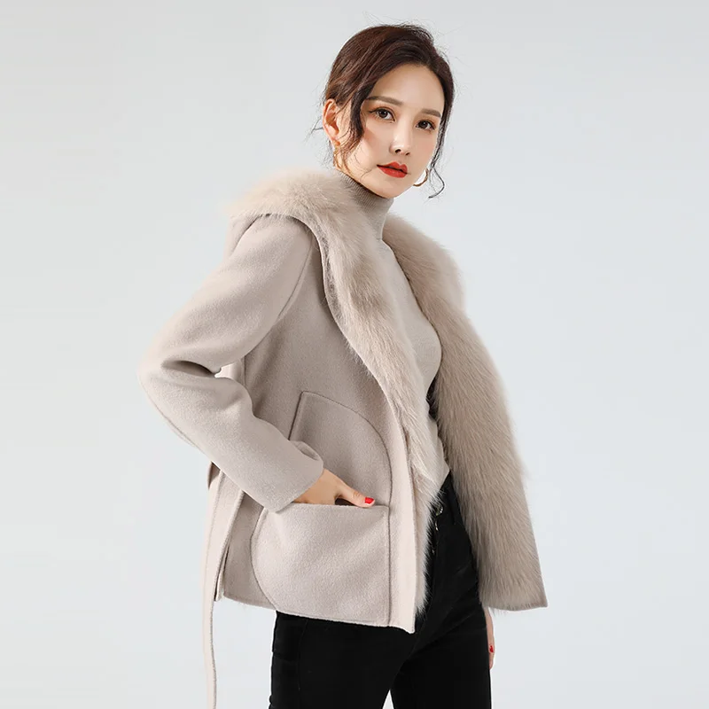 
GUNV Fashionable wool hooded jacket for ladies with detachable fox fur lining 