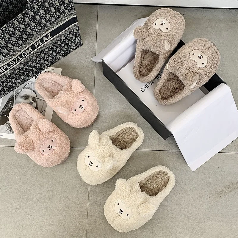Wholesale plush big head ear home slippers cute Korean style plush warm flat cotton slippers