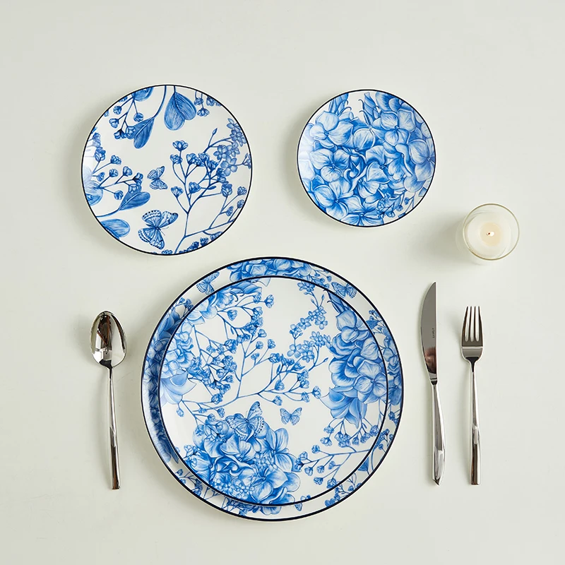 Синий дизайн, керамические обеденные тарелки, домашняя посуда, фарфоровые наборы тарелок