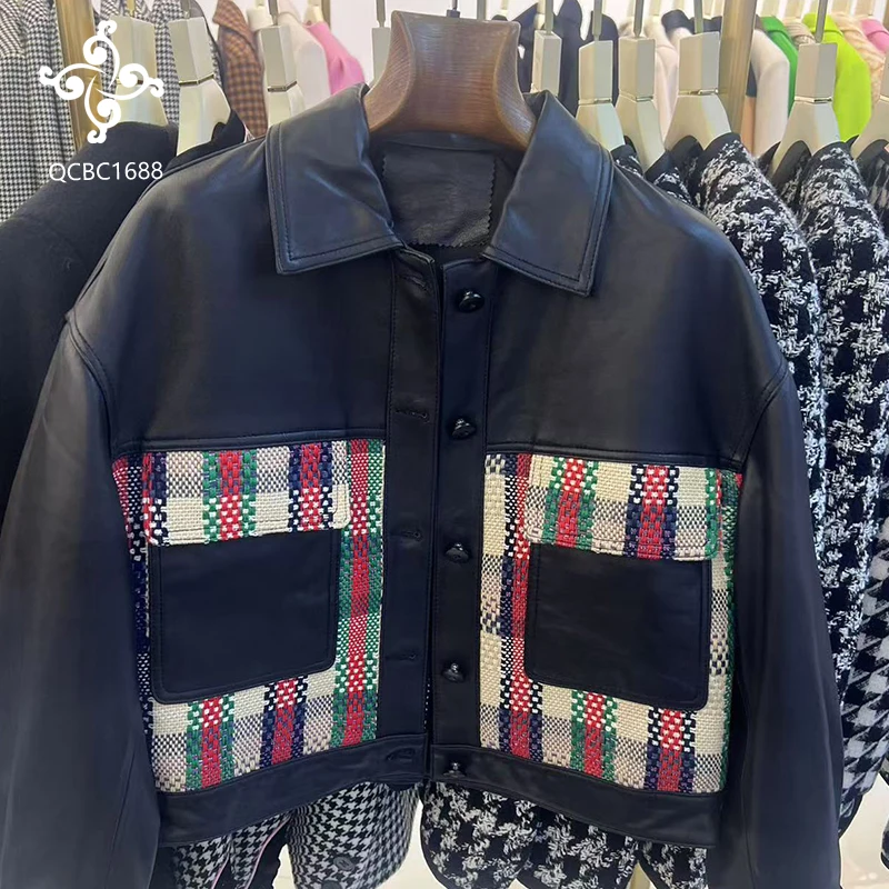 Plaid lattice splicing leather coat women 2024 new uniform size loose and thin motorcycle clothing short