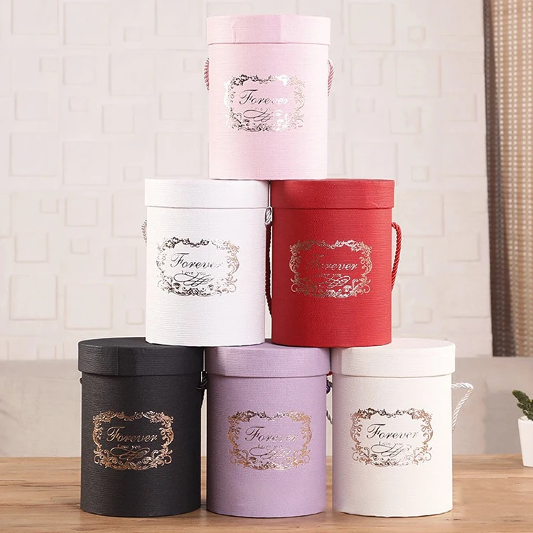 2020 round hemp rope portable flowers hug bucket gift box special paper solid color flower lover eternal flower packaging box
