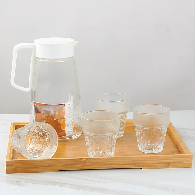 Wholesale simple design clear glass 1 piece 1100ML pot with 4 piece 200ML water milk cup set for home