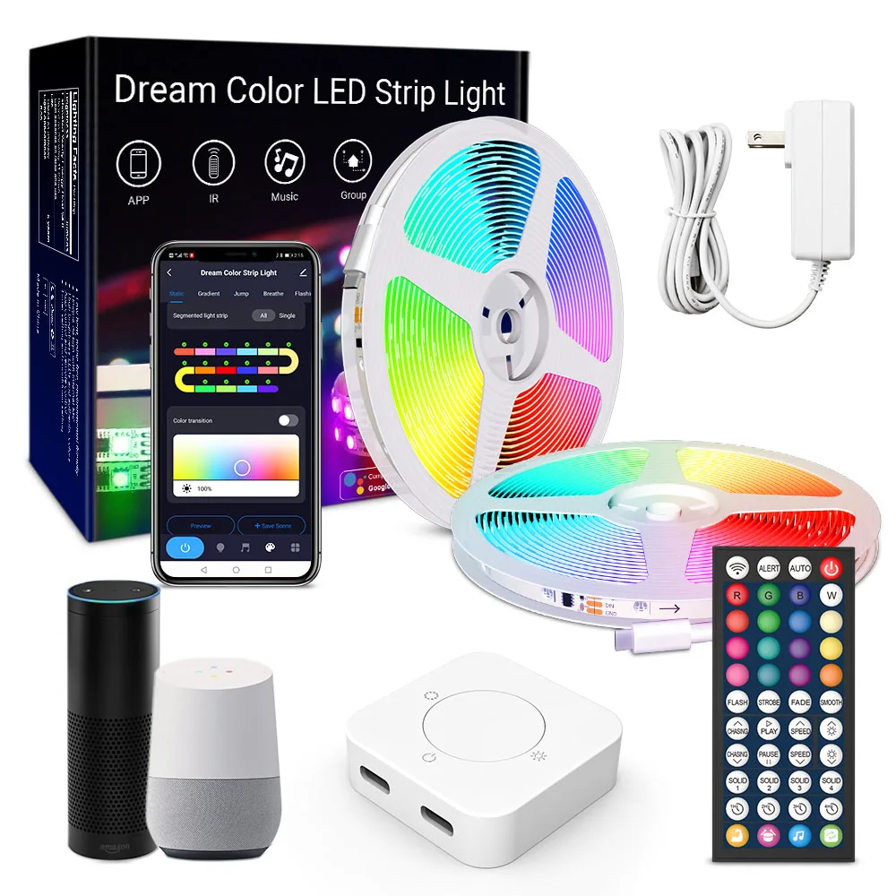 Waterproof WS2811 RGBIC Addressable Dreamcolor Chasing Music Sync Rainbow LED Strip Lights with Remote Control 5M 10M