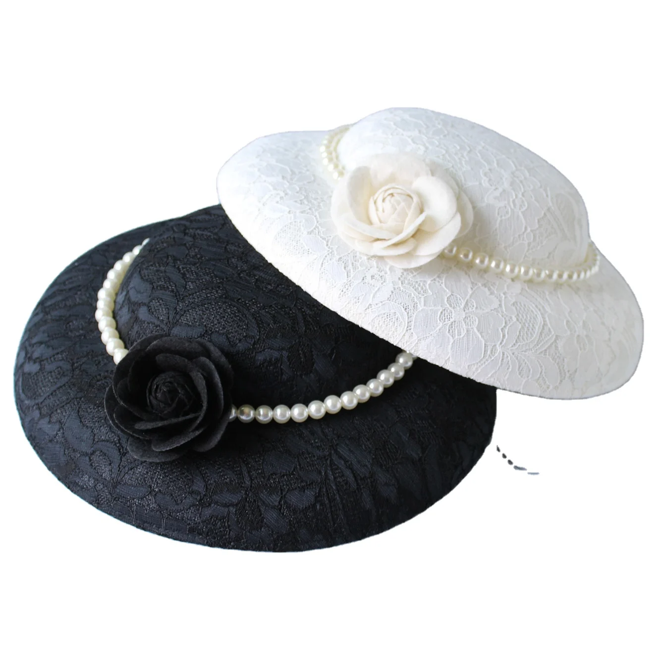Women Lace Satin Top Large Church Hat Elegant Imitation Pearl and Camellia Flower Bridal Photography Bucket Hat