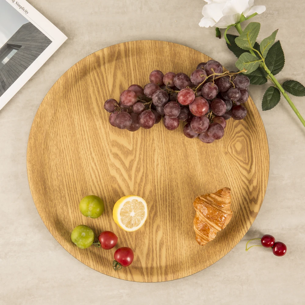 
2020New Design Wholesale round wood fiber dinner tray dishwasher safe pizza serving tray 