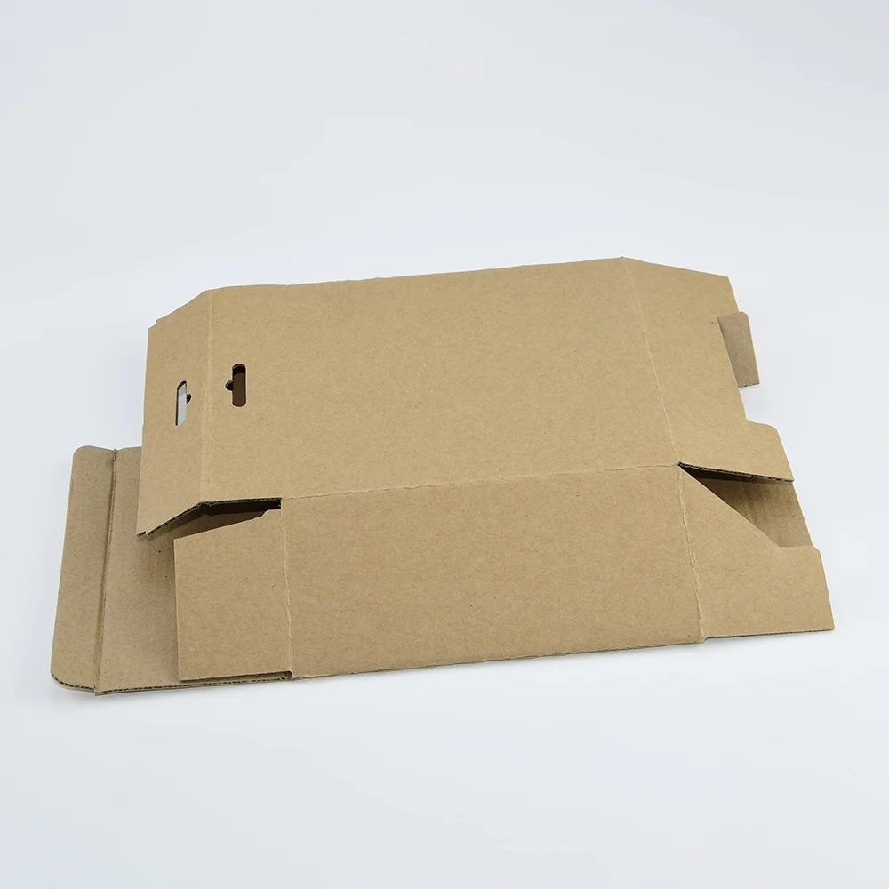 Biodegradable Flat Collapsible Hanger Box Corrugated Natural Brown Kraft Paper Packaging for Phone Case Power Bank Packaging