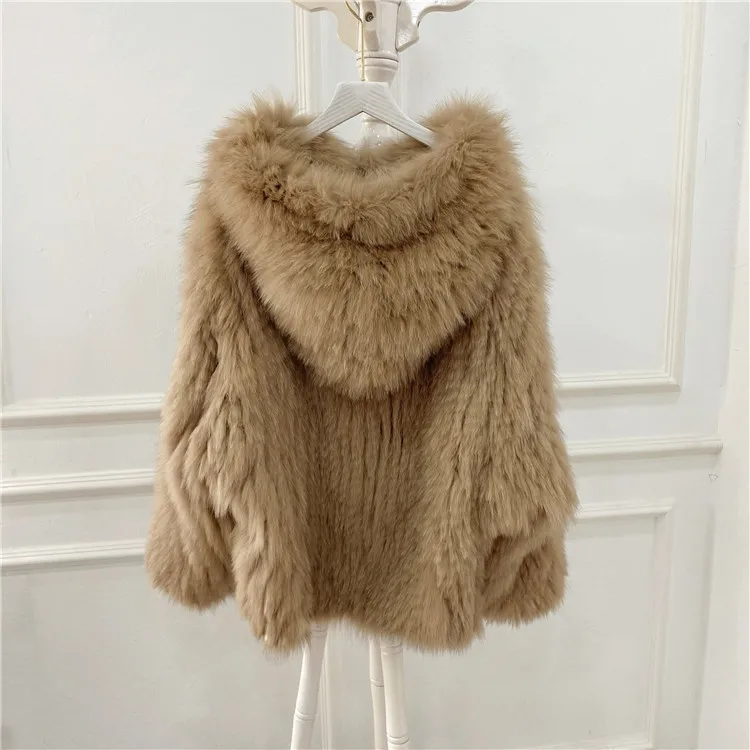 Double-sided weave women loose bat sleeve hooded faux jacket fox fur coats