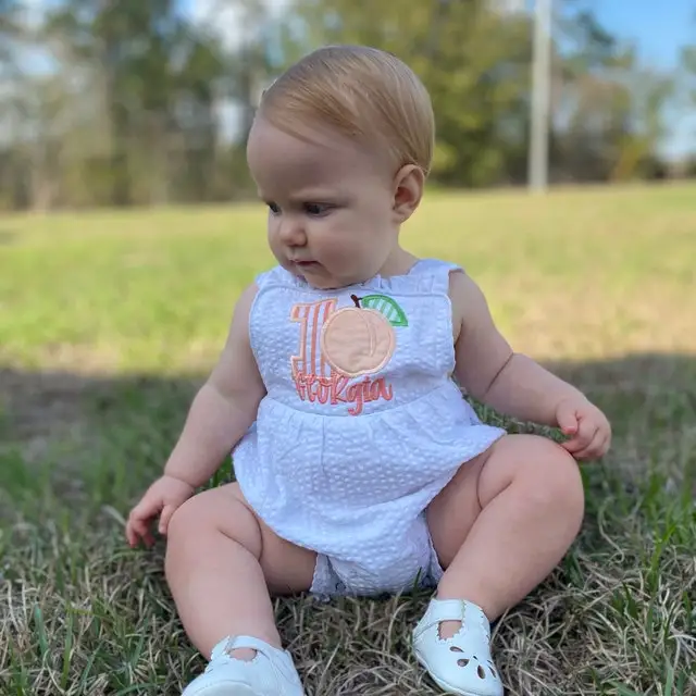 Wholesale Baby Girl Peach 1st Birthday White Seersucker  Romper  Halloween Pumpkin  Applique Outfit Infant Baby Clothing