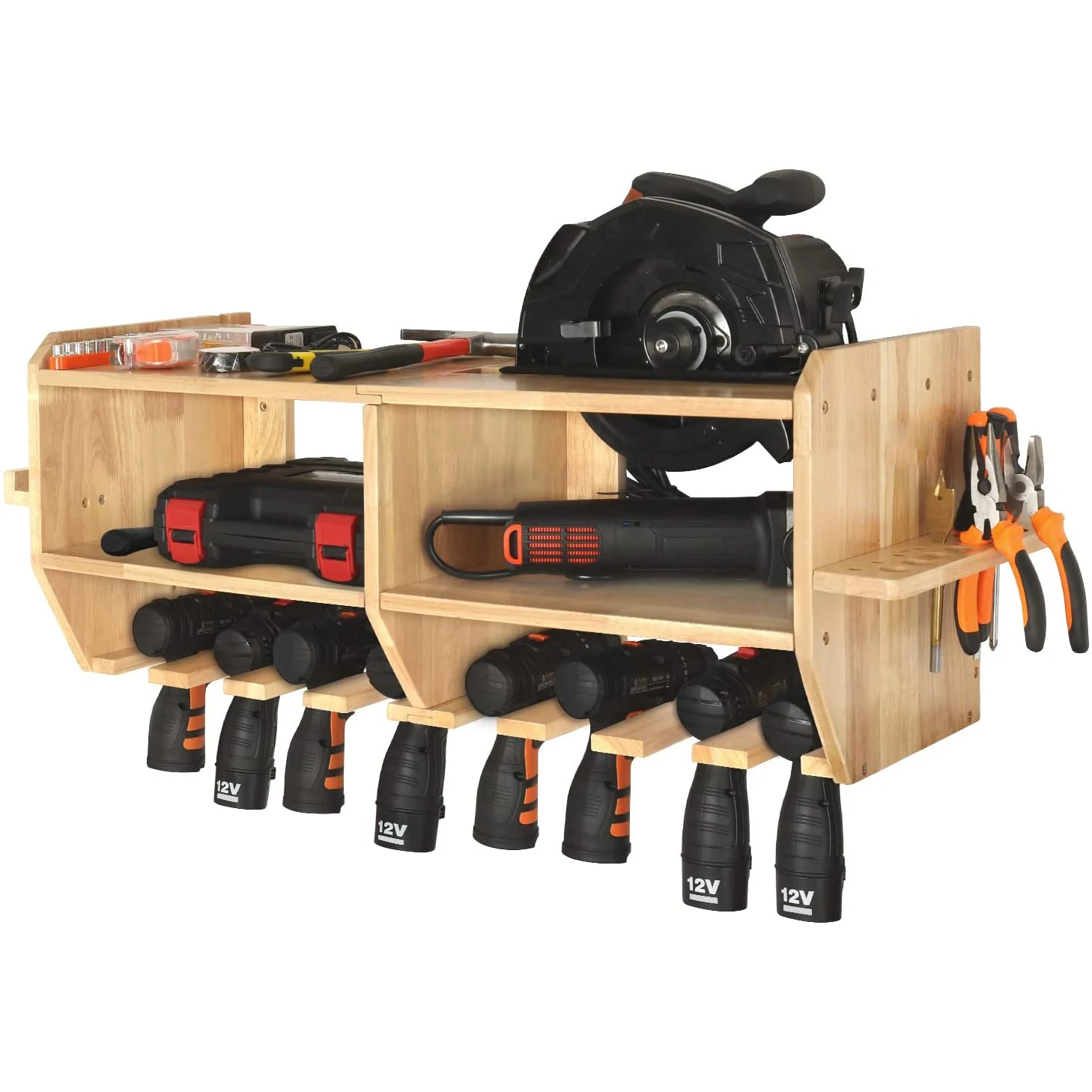 Solid Wooden Large Power Tool Organizer Drill Holder Storage Wall Mounted with 9 Tool Organizer Slots Wrench Screwdriver
