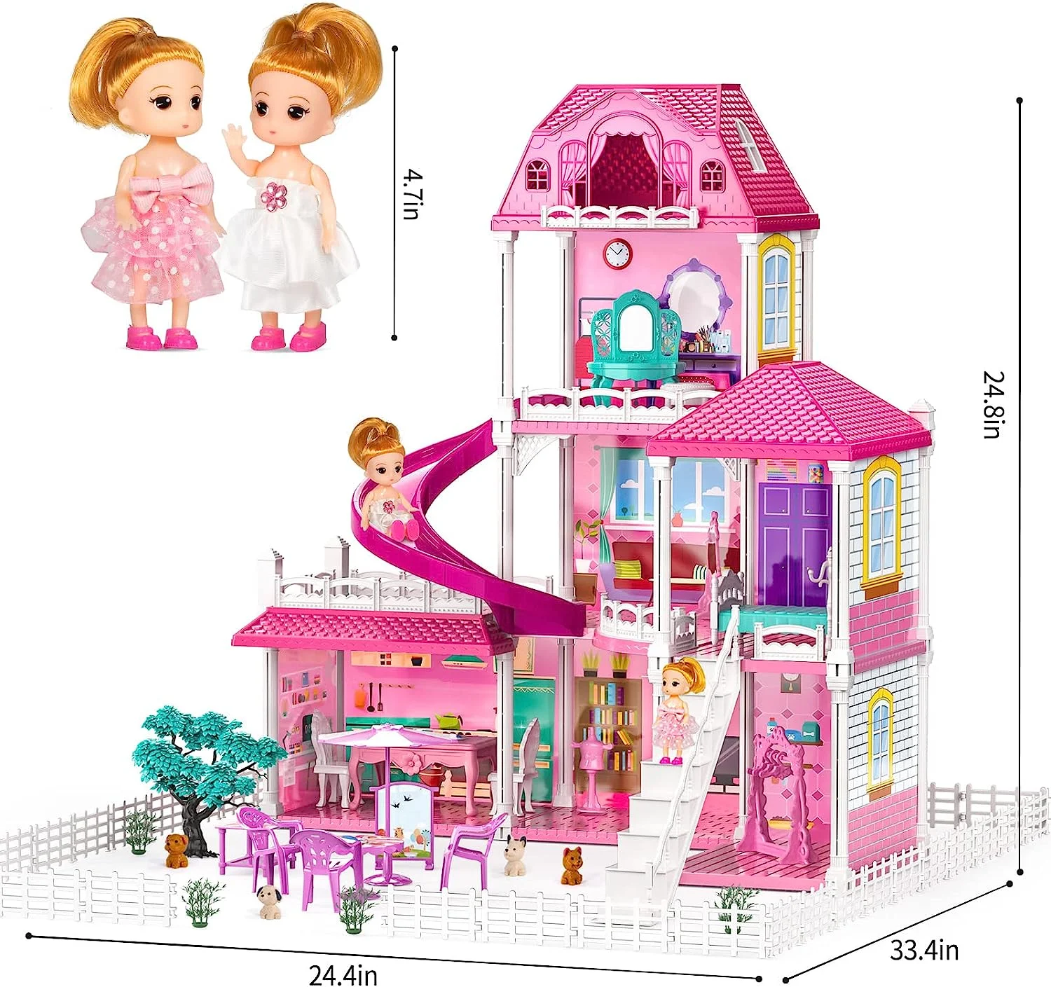 Doll House Toddler Toys for 3 4 5 6 Years Old for Girls 3-Story 6 Rooms Play house with 2 Dolls Toy Figures Dream House