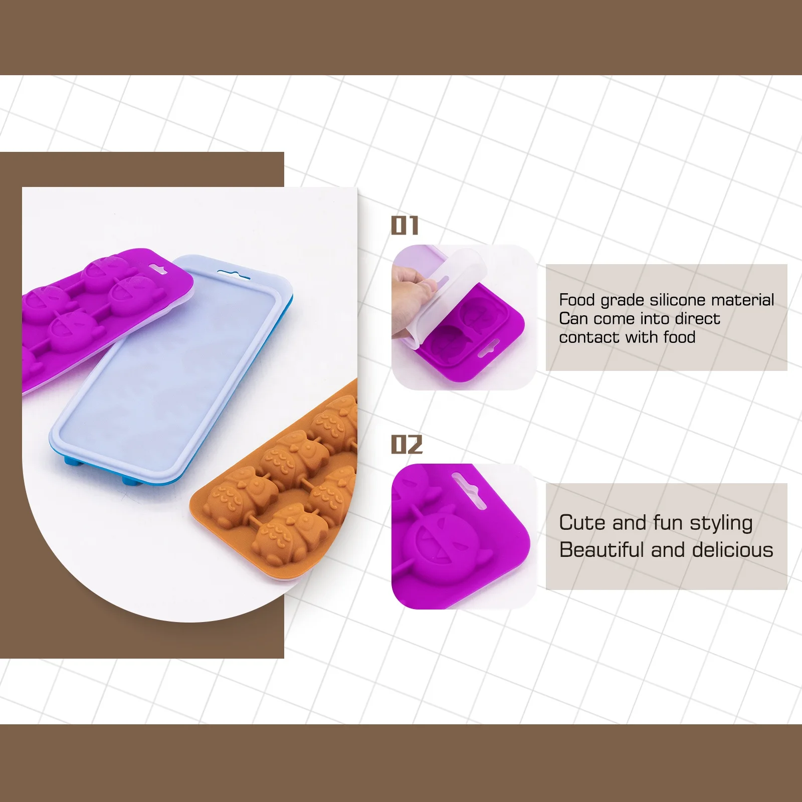 Custom silicone mold with removeable lid for ice cube tray halloween pumpkin owl ghost animal mold for chocolate jelly candy